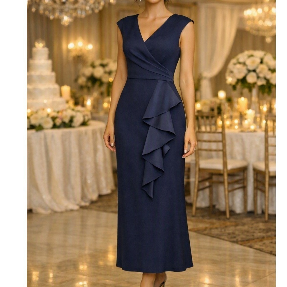 Jessica Howard Navy Blue V-Neck Ruffle Side Gown Formal Maxi Dress Womens 4